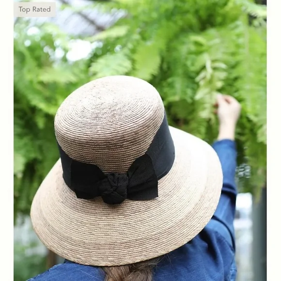 COPY - Anthropologie Tula Somerset woven Palm Straw Cloche Summer Hat w/Black R… - Picture 9 of 11